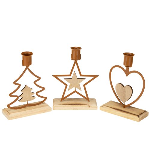 Product Candlestick candles star heart fir brown H16.5cm assorted 3pcs