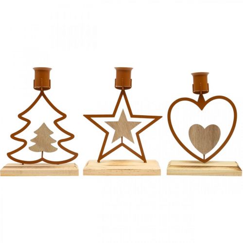 Product Candlestick candles star heart fir brown H16.5cm assorted 3pcs