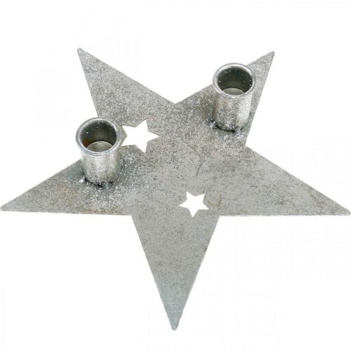 Product Candle decoration star, metal decoration, candle holder for 2 taper candles silver, antique look 23cm × 22cm