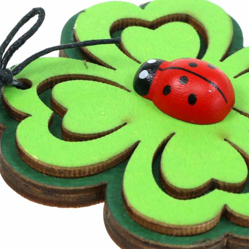 Product Clover with ladybug decorative hanger, green, 7cm, set of 6, lucky charm, wooden decorative pendant