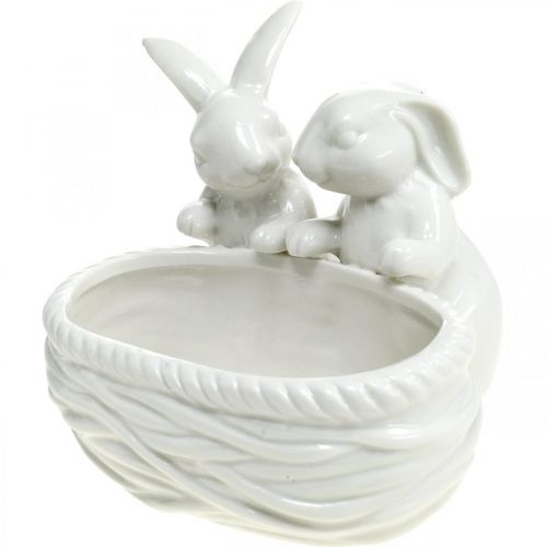 Product Rabbits with nest, table decoration, Easter nest, porcelain decoration, decorative bowl white L15cm H11cm