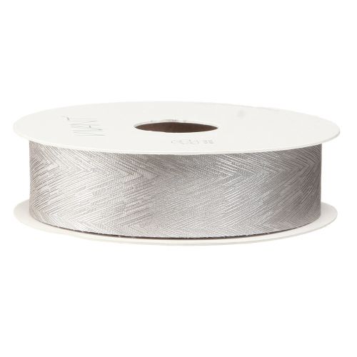 Product Luxurious silver silk ribbon with elegant feather design – Ideal for weddings and festive occasions Width 25mm Length 15m