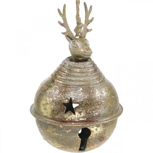 Floristik24 Metal bells with reindeer decoration, Advent decoration, Christmas bell with stars, gold bells antique look Ø9cm H14cm 2 pcs