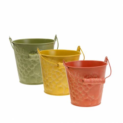 Decorative bucket fruits yellow, orange, green washed Ø12.5cm H12cm set of 3