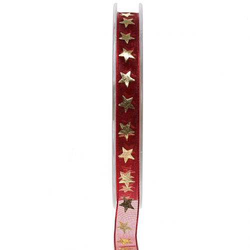 Floristik24 Organza Ribbon Dark Red with Gold Stars 10mm 20m