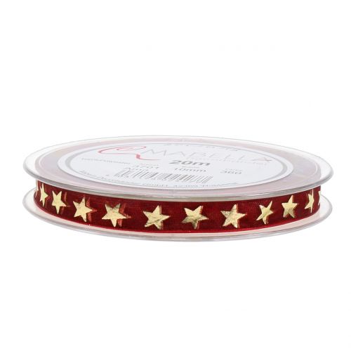 Product Organza Ribbon Dark Red with Gold Stars 10mm 20m