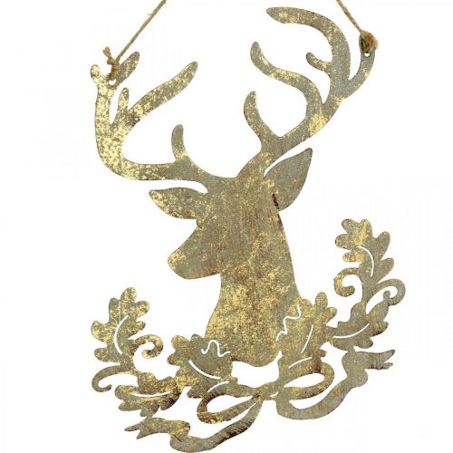 Reindeer for hanging, Christmas decoration, deer head, metal pendant golden antique look H23cm 2 pcs