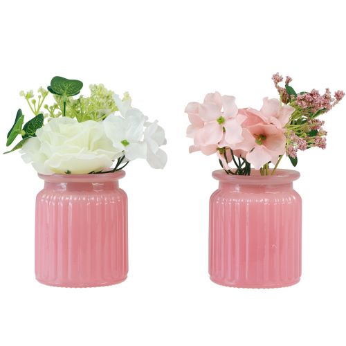 Rose Artificial in Glass Pot Pink White H16cm 2pcs