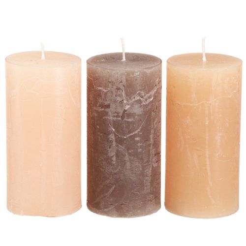 Narrow pillar candles in brown 3 colours 50x100mm 12 pcs