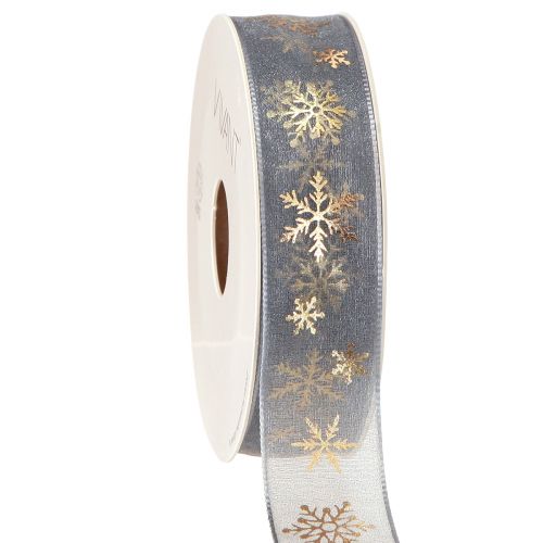 Silver grey Christmas ribbon with golden snowflakes width 25mm length 15m