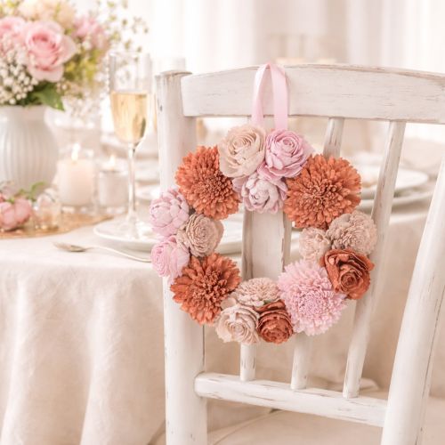 Product Hanging floral wreath with pink blossoms for stylish decoration of living space, 25cm