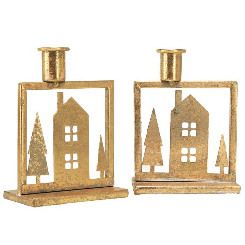 Candle holder Christmas house antique gold look 10×6×14cm 2pcs