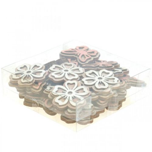 Product Scatter decoration wood flowers/butterflies white/pink Ø4cm 36p