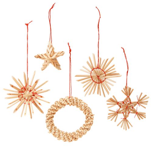 Floristik24 Straw stars Christmas tree decorations straw natural red Ø4-6cm 17 pcs