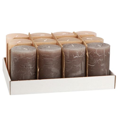 Product Pillar candles dyed 3 colours brown 70×120mm 12 pcs