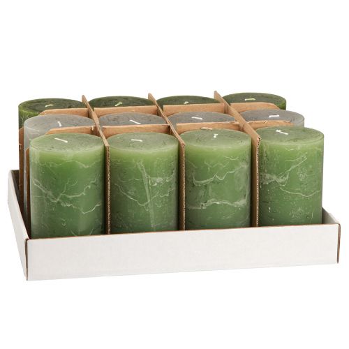 Product Pillar candles dyed 3 colours green 70×120mm 12 pcs