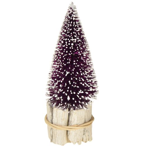 Product Decorative Christmas tree in purple with snow tip on a rustic wooden base 15cm 3 pieces.