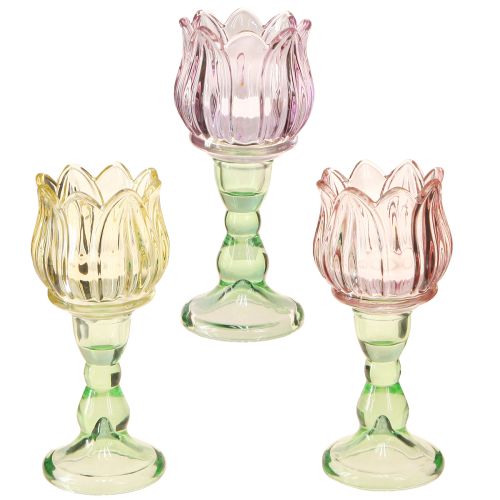 Tealight glass flower tealight holder glass 3 colors Ø7cm H16cm 3pcs