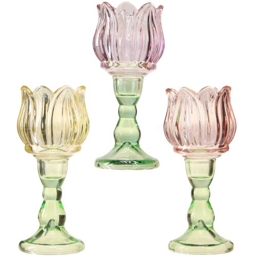 Floristik24 Tealight glass flower tealight holder glass 3 colors Ø7cm H16cm 3pcs