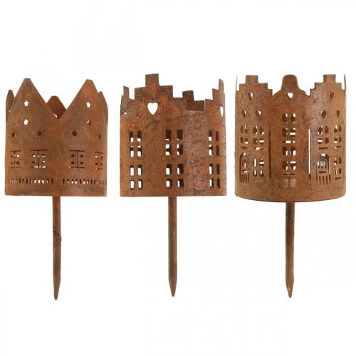 Floristik24 Tealight holder house metal rust little house to stick Ø6,5cm 4pcs