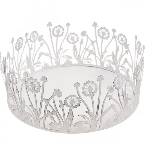 Product Decorative tray with dandelions, metal decoration for spring white, silver shabby chic Ø25cm H10.5cm