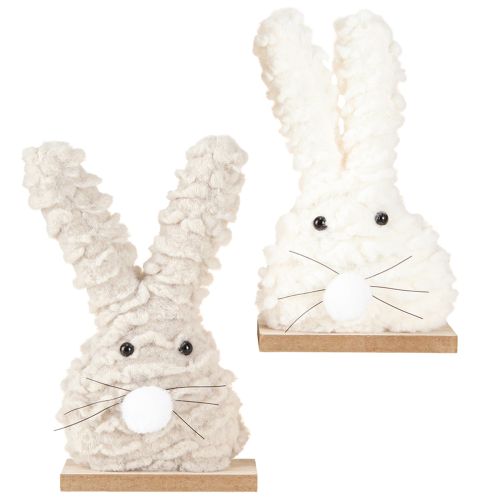 Product Decorative Easter bunny made of plush – fluffy Easter decoration in beige & white on wooden base H18cm 2 pcs