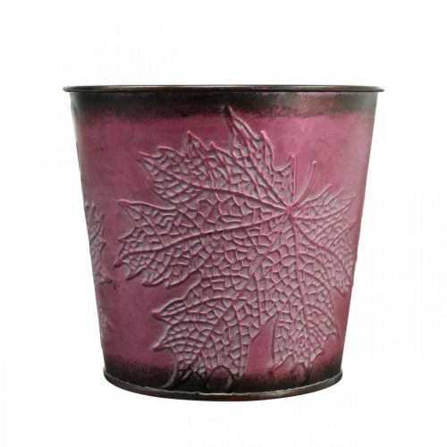 Product Decorative pot for planting, tin bucket, metal decoration with leaf pattern wine red Ø14cm H12.5cm