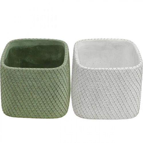 Product Planter ceramic white green relief mesh 13.5x13.5cm H13cm 2pcs