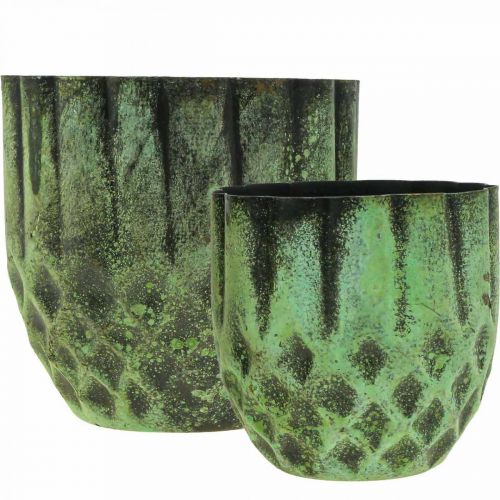 Product Planter metal vintage flower pot green Ø14/12cm set of 2