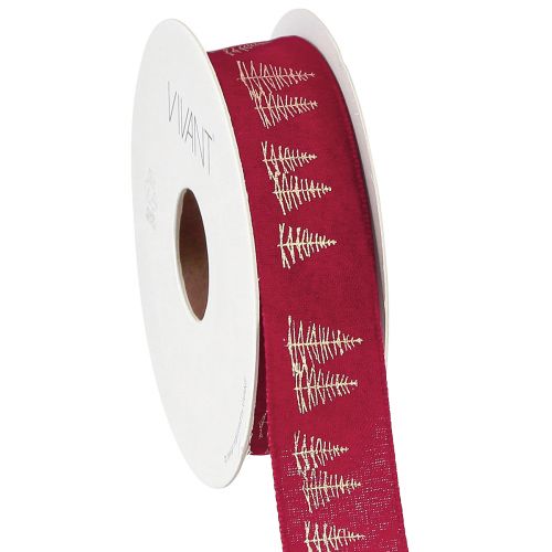 Christmas decorative ribbon in red with golden Christmas tree motifs Width 25mm length 15m