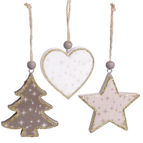 Christmas decoration star tree heart wood 6.5/7cm 6 pcs