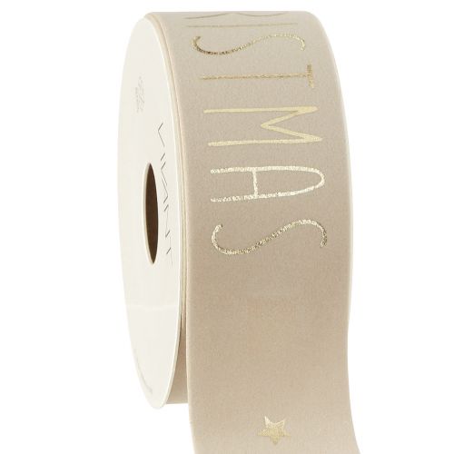 Christmas Ribbon Beige Velvet Merry Christmas Gold W40mm L5m