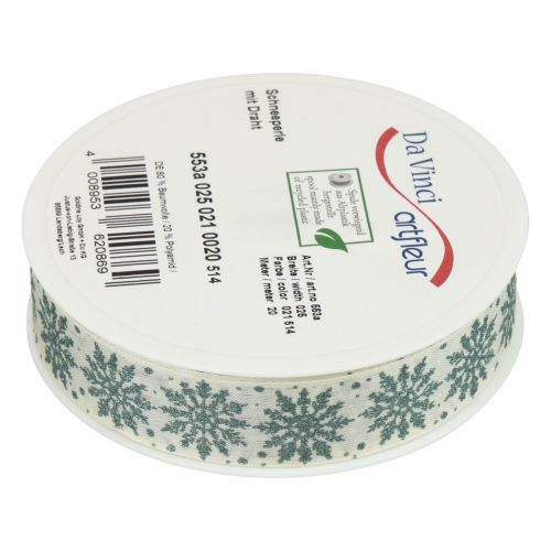 Product Christmas ribbon with snowflakes white green 25mm 20m