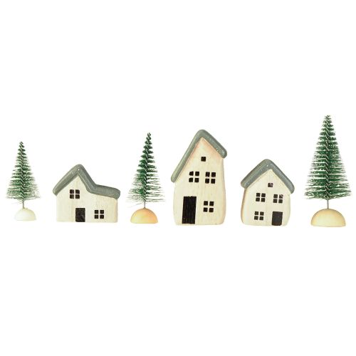 Product Christmas village wooden houses fir trees green and white 5-8 cm set of 6