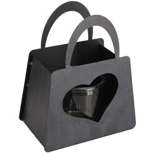 Lantern Metal Decoration Bag with Heart Anthracite H18cm 2pcs