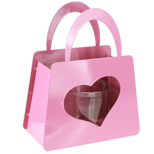 Product Lantern metal bag with glass insert pink heart H26cm