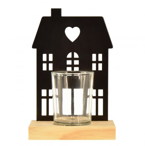 Product Lantern house metal black with wooden base H15cm 2pcs