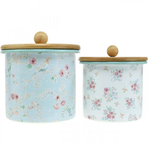 Product Enamel box with lid wood flower pattern H10/12cm set of 2