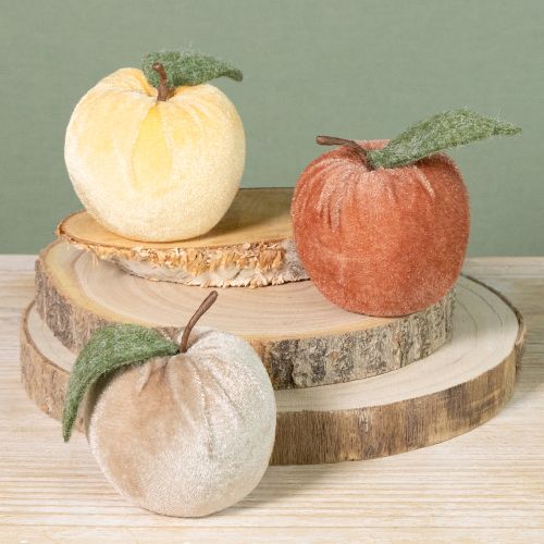 Product Decorative Apple Velvet with Leaf Brown Yellow Ø7.5cm H9cm 9 pcs