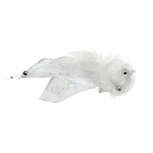 Decorative bird on clip with glitter white 14cm 2pcs