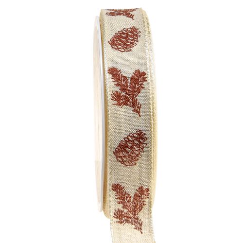 Decorative ribbon cone with wire edge cream brown W25mm L18m