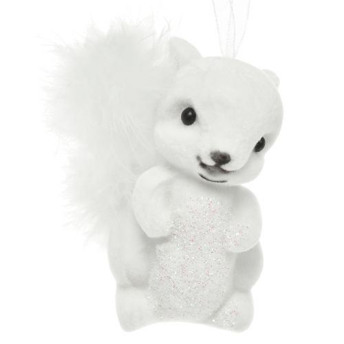 Product White squirrel 6 cm pendant with glitter and feather detail – perfect for festive Christmas tree decoration – 2pcs