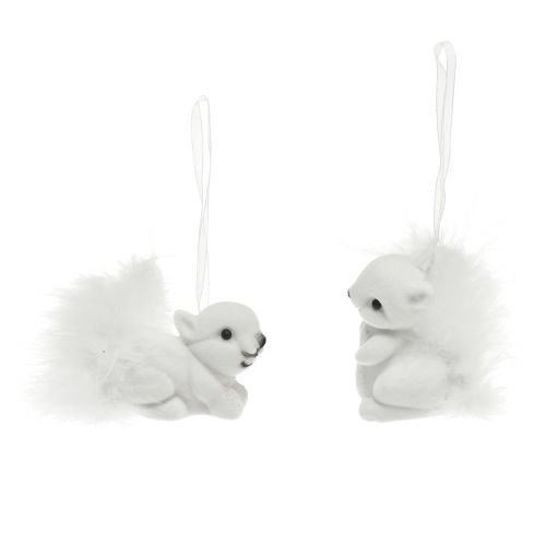 Product White squirrel 6 cm pendant with glitter and feather detail – perfect for festive Christmas tree decoration – 2pcs