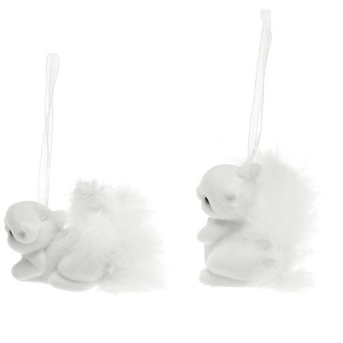 Product White squirrel 6 cm pendant with glitter and feather detail – perfect for festive Christmas tree decoration – 2pcs