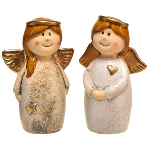 Angel decoration figures in a set of 2 - cream and white with gold accents, 13 cm - heavenly embellishment for your home