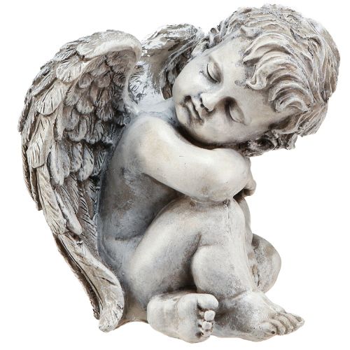 Sitting angel decorative figure grave decoration grey polyresin H18cm