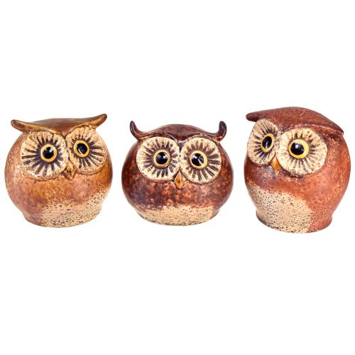 Charming ceramic owl figurines in a set of 3 – Detailed design in brown and cream, 10.5 cm – Perfect decoration for living and working spaces
