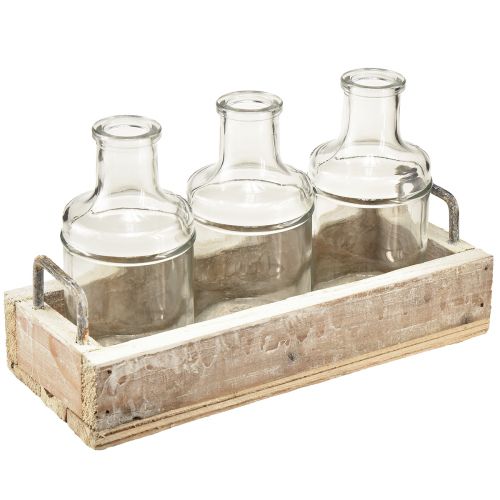Product Bottles decoration glass with wooden tray vintage 24x9,5x14cm