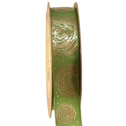 Gift ribbon with golden roses Green decorative ribbon 25mm 15m