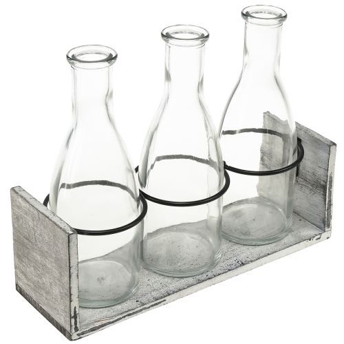 Rustic bottle set in wooden carrier – 3 glass bottles, grey-white, 24x8x20 cm – Versatile for decoration